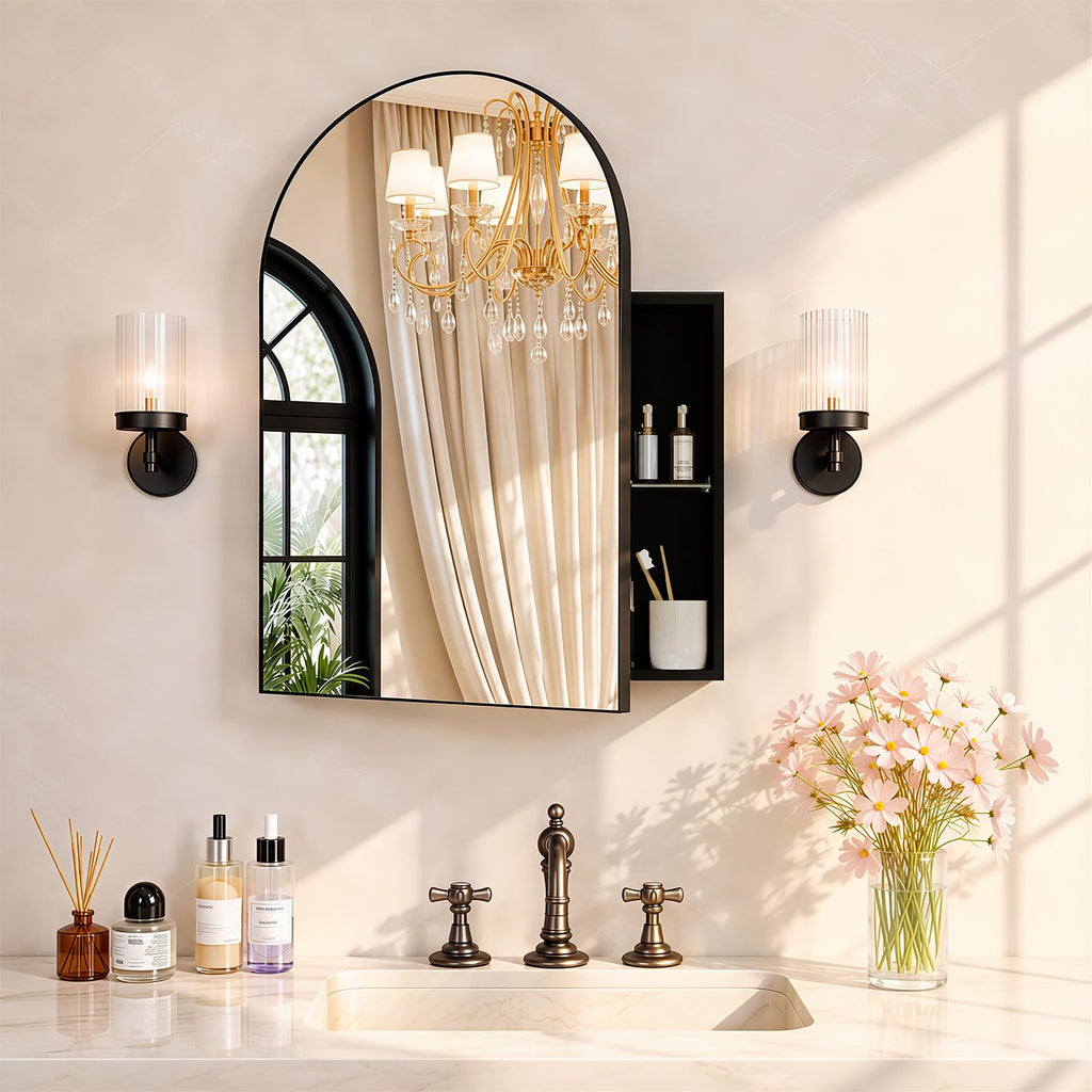 Arched Recessed Medicine Cabinet with Mirror, 20 x 30 Inch, Black Frame