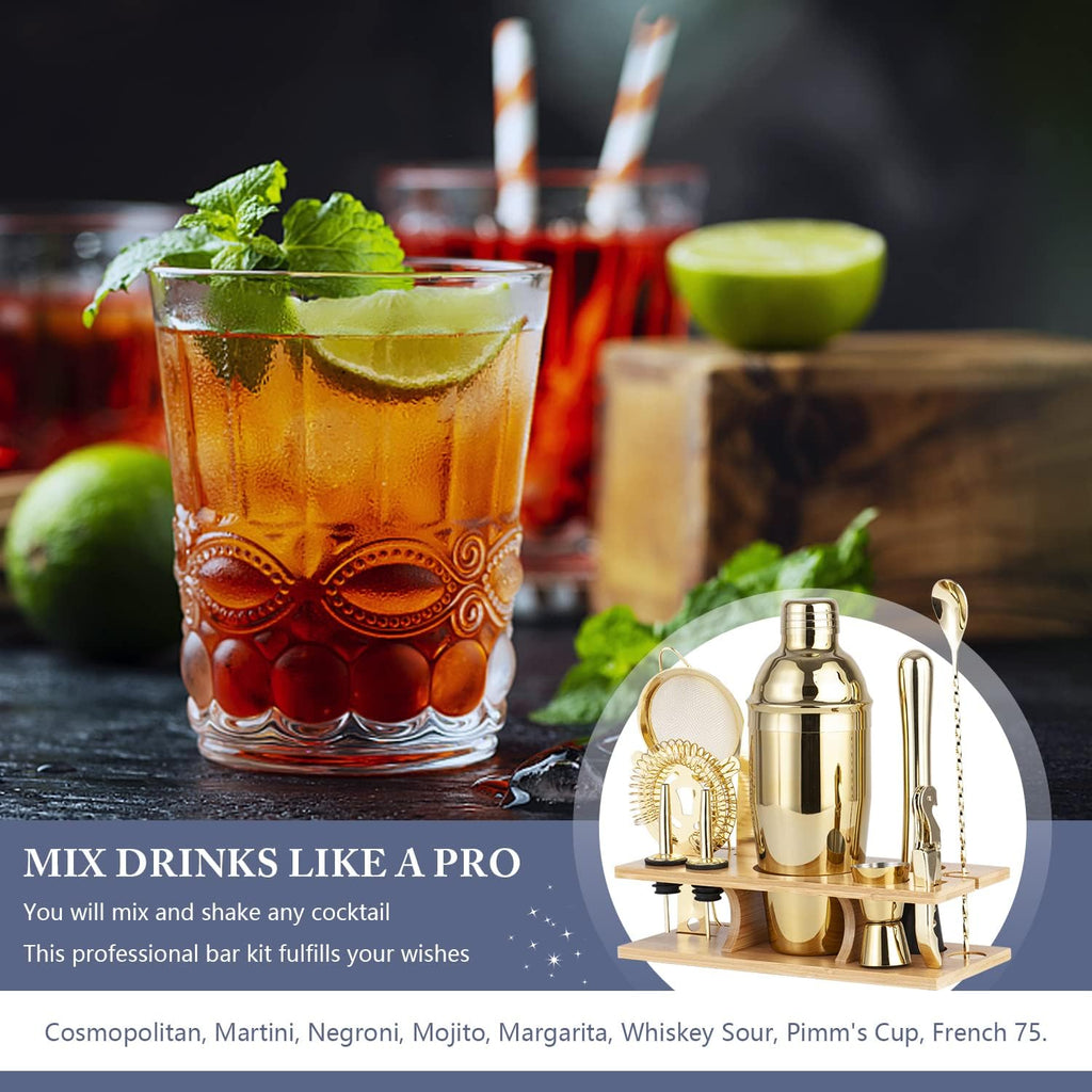 Shakers Bartending, -Cocktail Shaker Set Gold Drink Mixer with 25oz Martini Shaker,Muddler,Bar Spoon and More - Set of 11