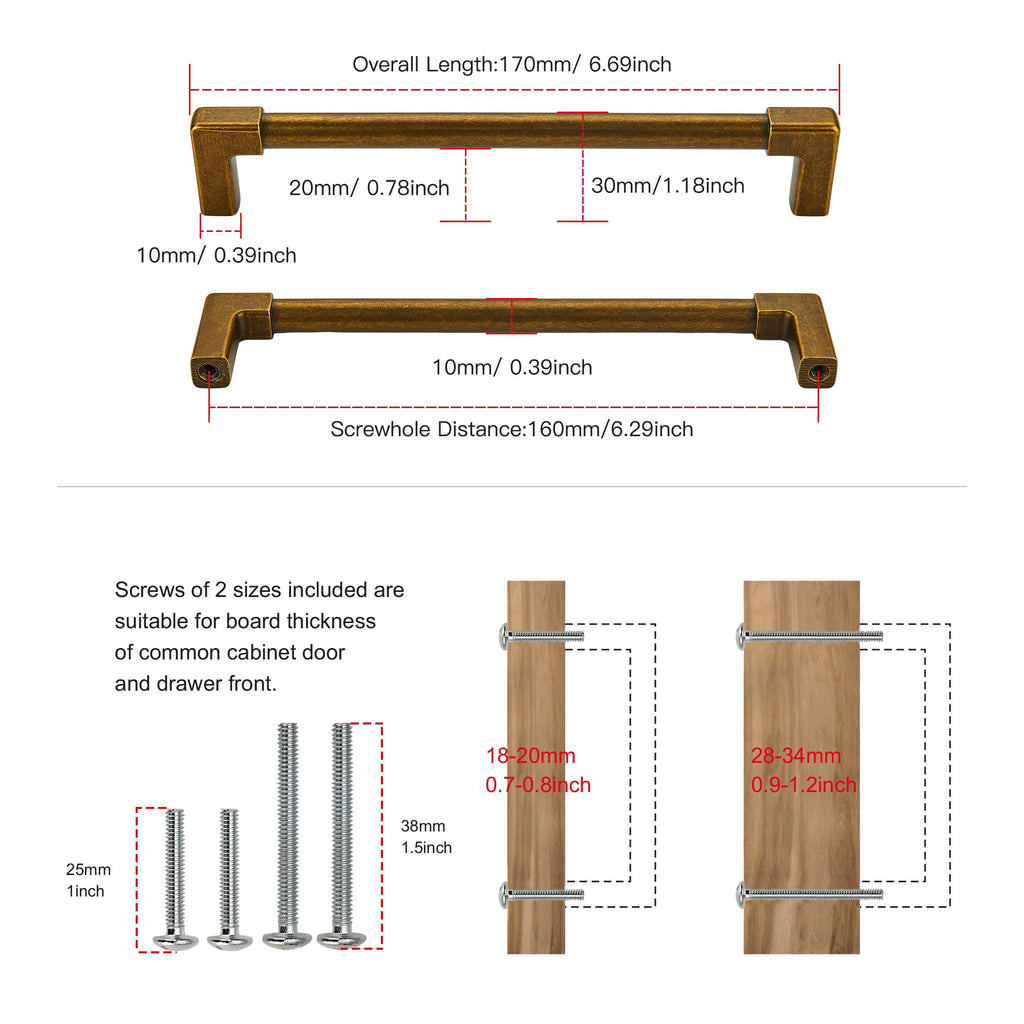 10 Pack Classic Solid Cabinet Handles-6.3"/160mm Screw Spacing Antique Brass Furniture Hardware Handles Dresser