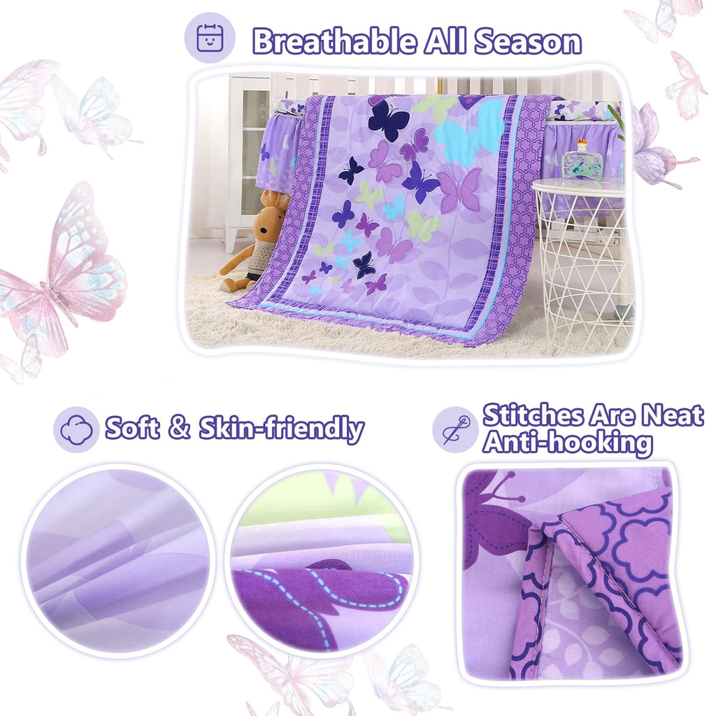 Butterfly Mini Crib Bedding Set, 3 Piece Baby Bedding Set Butterfly, Mini Crib Nursery Bed Set, Breathable and Soft