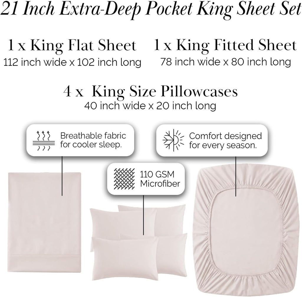 21 Inch Extra Deep Pocket King Sheet Set, 6 Piece King Bed Sheets Deep Pocket - 78"x80" Fitted, Wrinkle Resistant