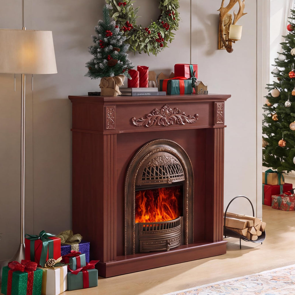 45" Electric Fireplace with Mantel, Cherry Red Farmhouse FreeStanding Electric Fireplace Heater Entertainment Center