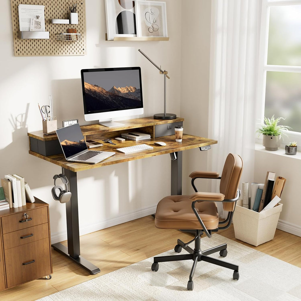 55 * 24 Inch Electric Standing Desk with Drawers, Rustic Brown | Electric Height Adjustable, 2 Storage Drawer