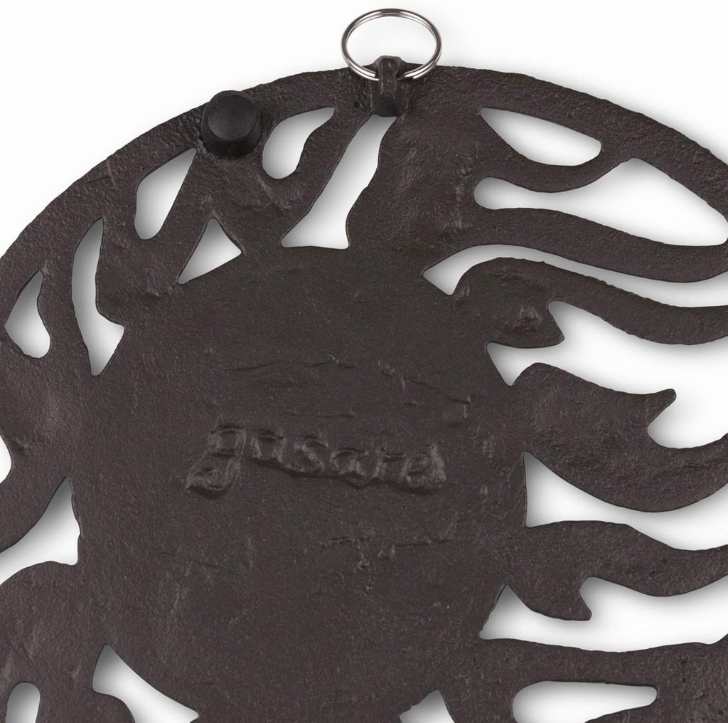 Cast Iron Trivet for Hot Dishes, Pots, and Pans, Metal Trivet, Sun & Moon Design, Rubber Feet Caps, Ring Hanger, 8