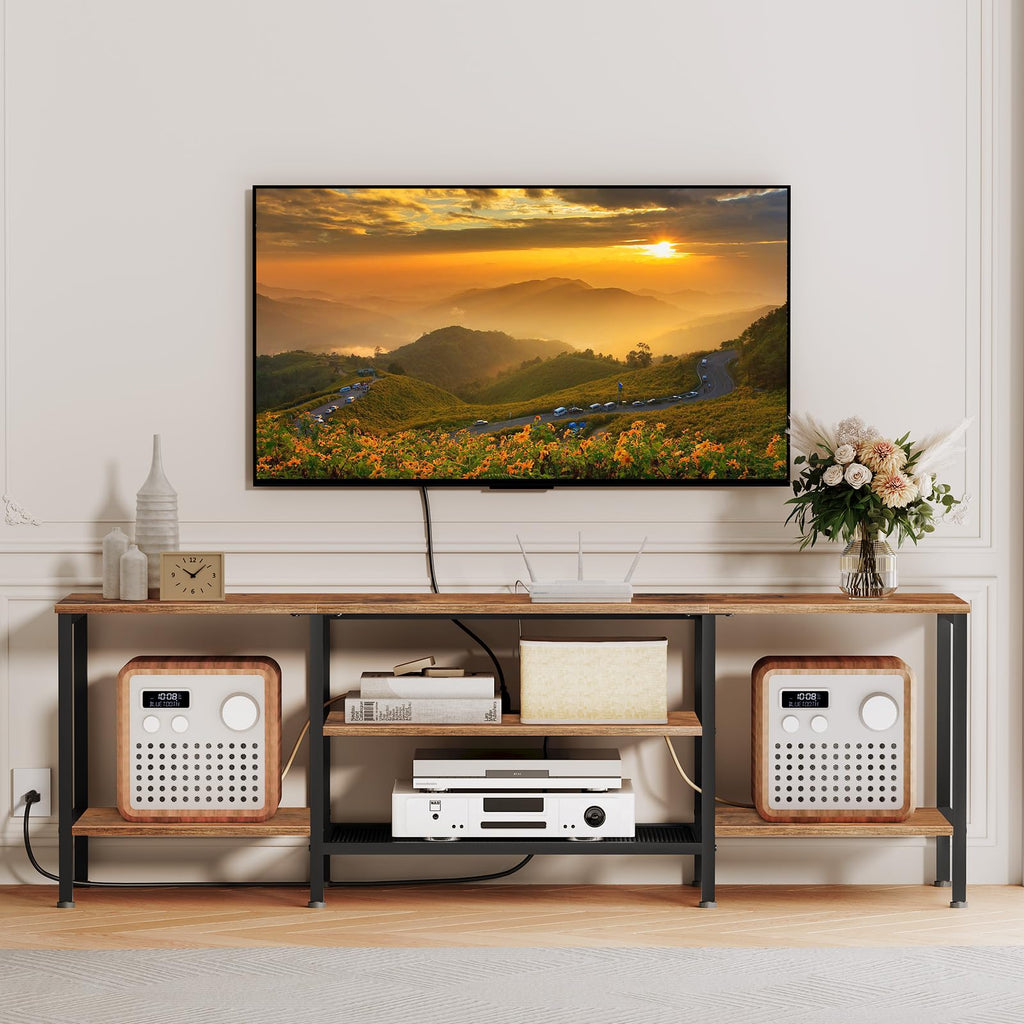 TV Stand with Power Outlets to 75 Inches, TV Console Table with Open Storage Shelves Cabinet, Industrial Media