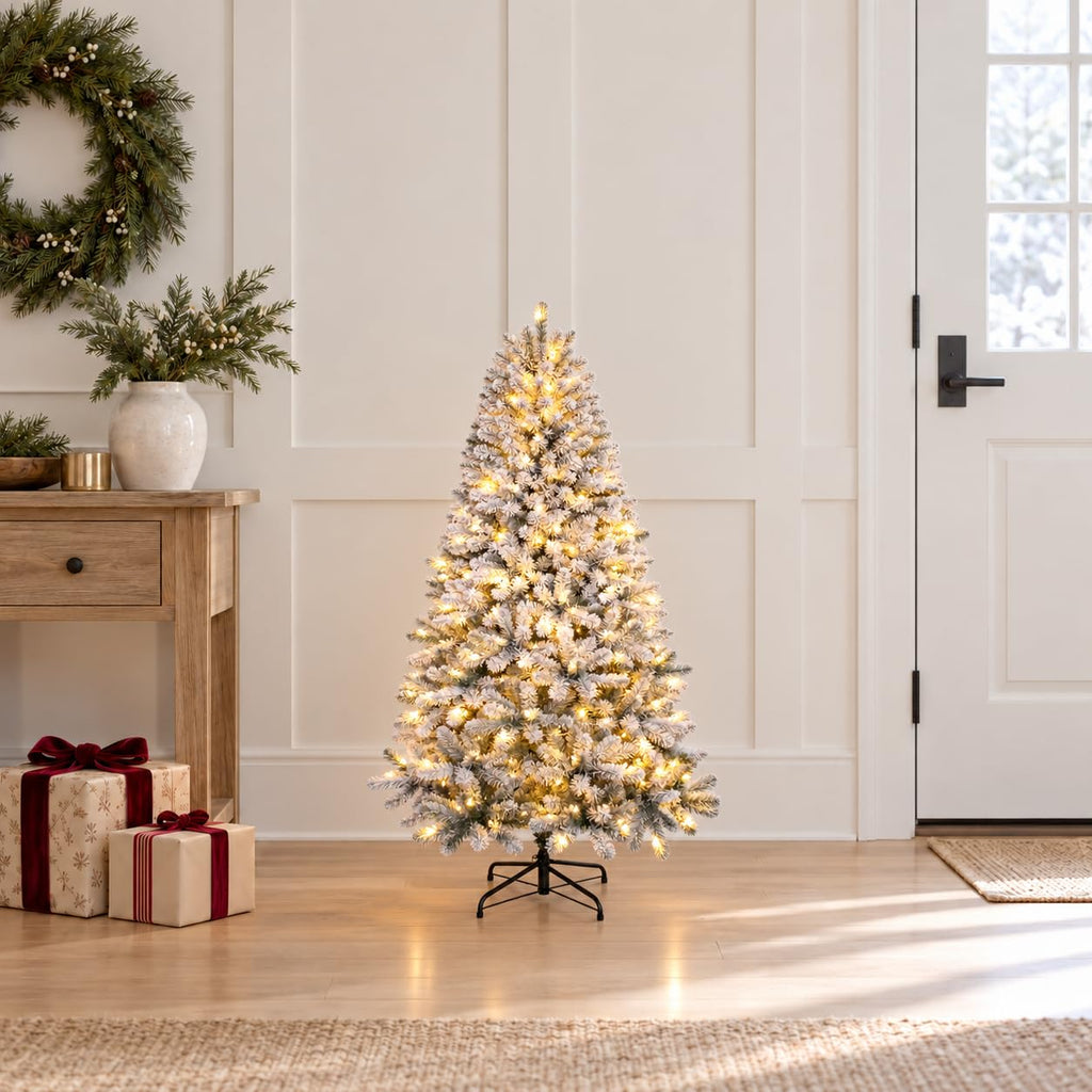 4ft Prelit Artificial Flocked Snow Spruce Christmas Tree Xmas, White