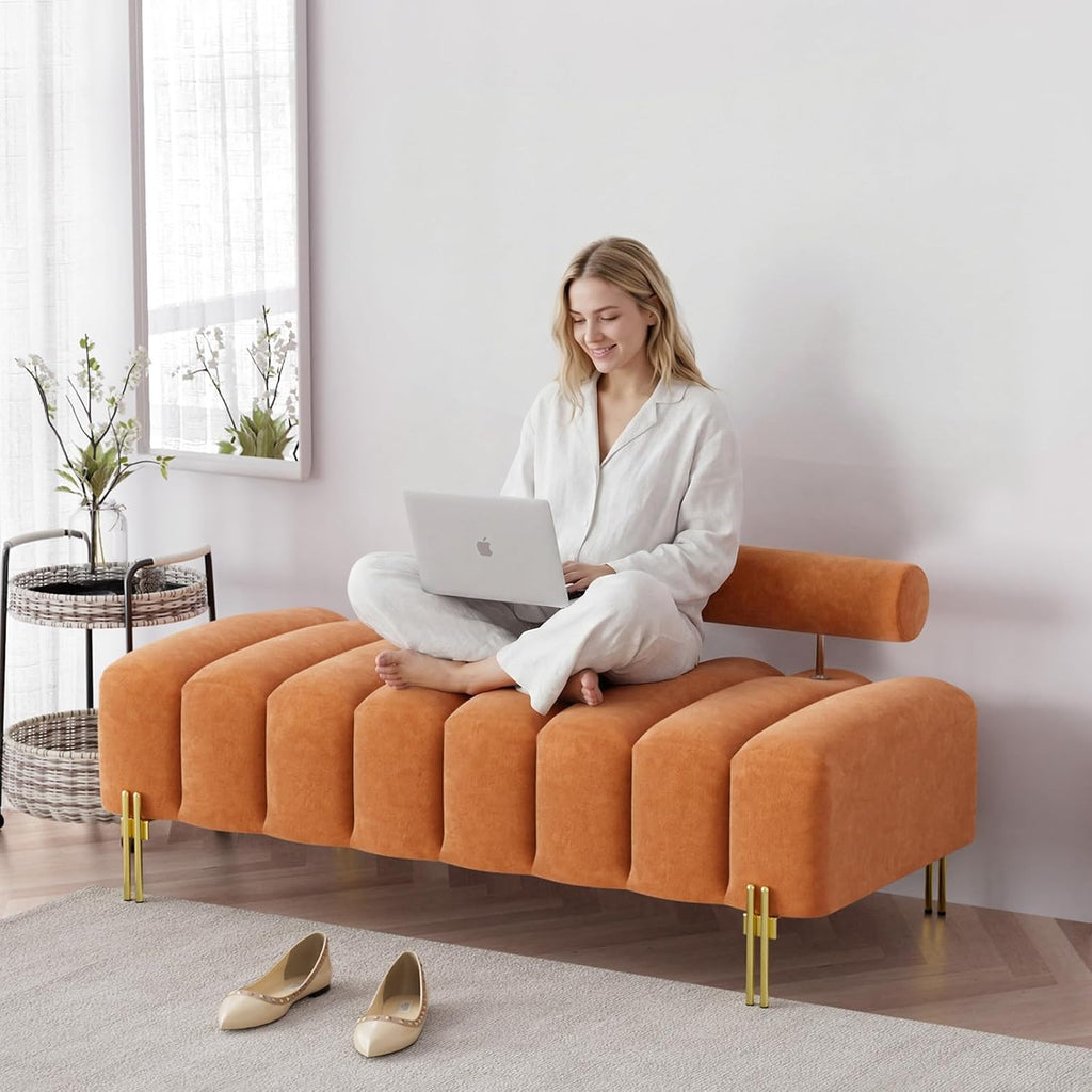 52" Velvet Bench Bedroom Ottoman Bench with Adjustable Back, Orange
