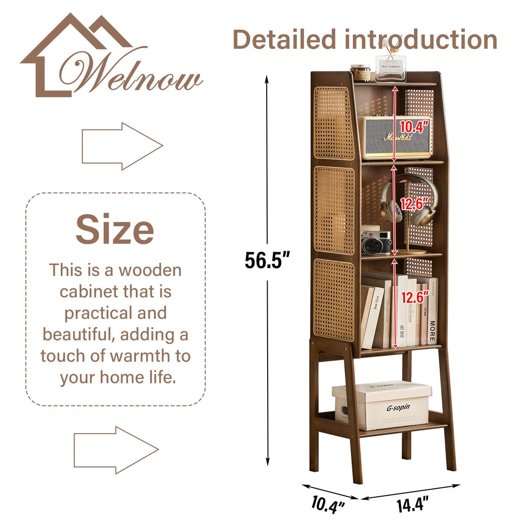 Bamboo Rattan Bookcase with Cabinet, 4-Tier Wicker Bookshelf, Walnut