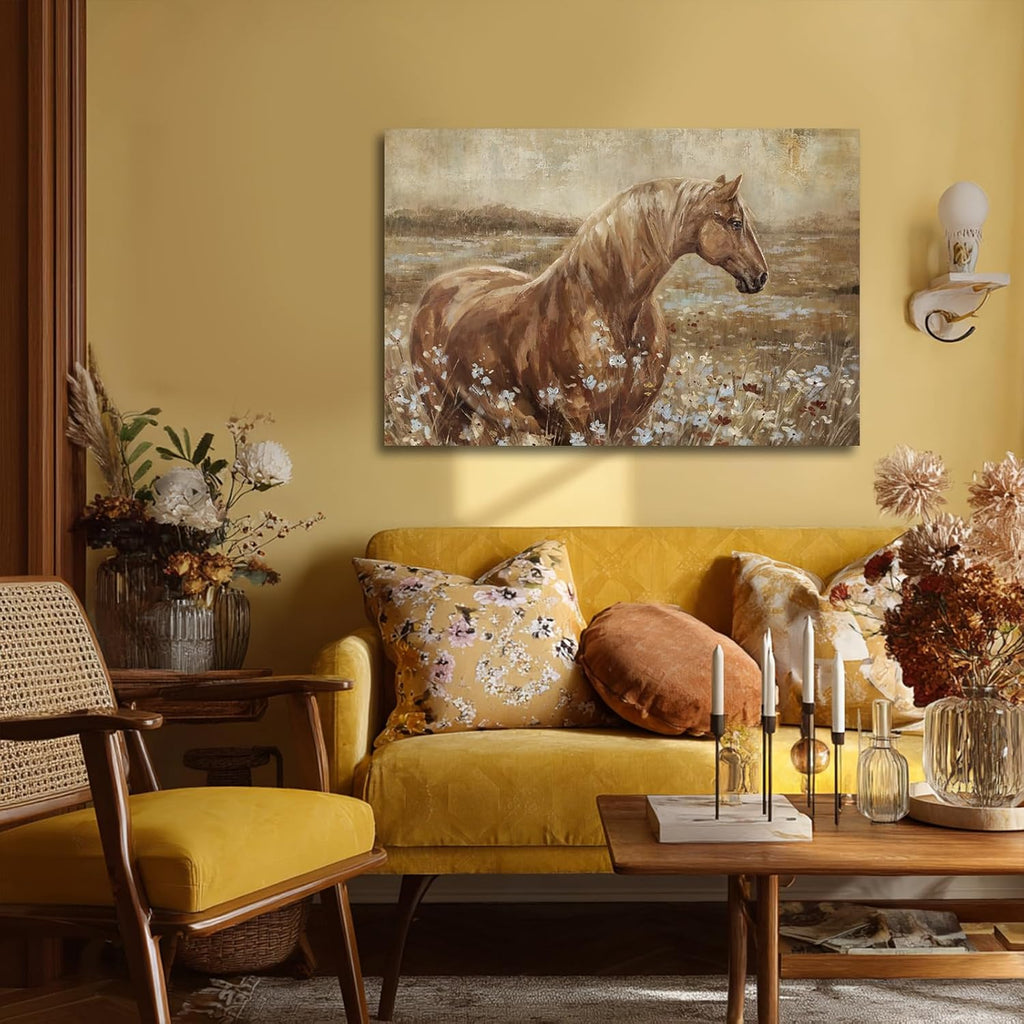 Horse Canvas Wall Art for Farmhouse Decor, Neutral Brown/Beige Equestrian Picture with Wildflower Meadow, Animal