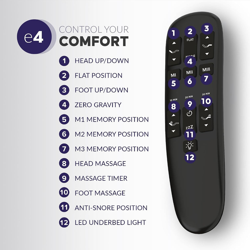 E4 Queen Adjustable Bed Base Frame with Zero Gravity, Massage Motors, Anti-Snore, USB Charging, Nightlight, Wireless