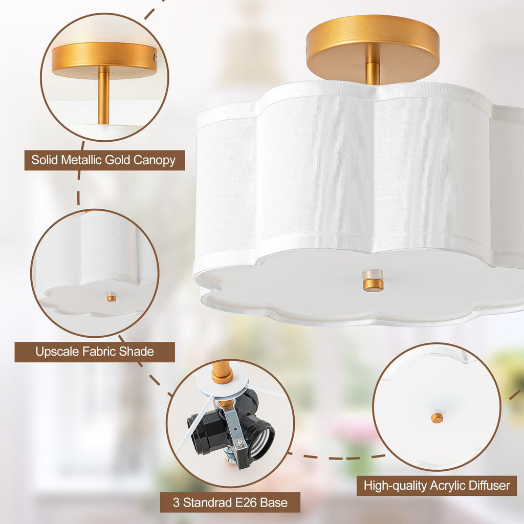 Semi Flush Mount Ceiling Light, 13 inch Petal Shade Gold Fixture