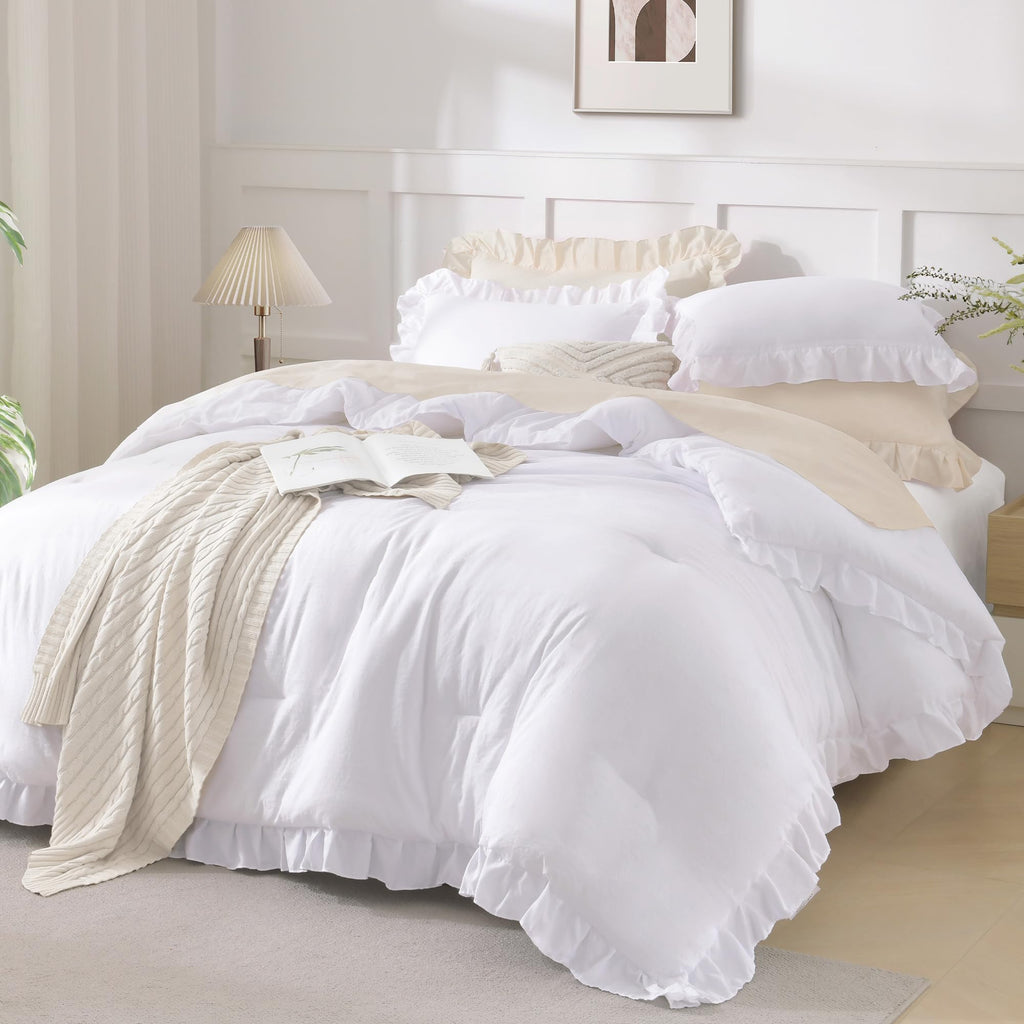 Comforter Set White, 3 Pieces Ruffle Farmhouse Bed Set
