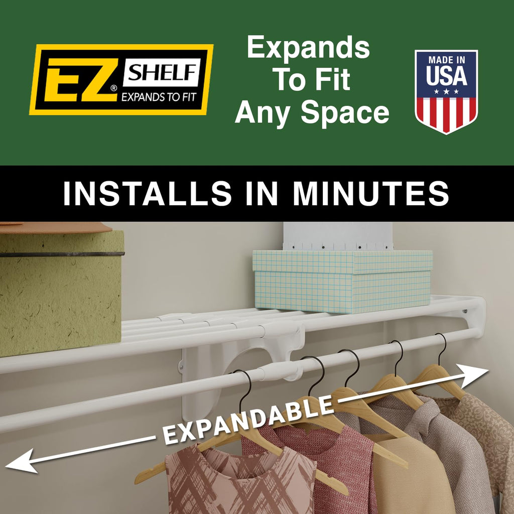 Closet Shelf with Hanging Rod - 28-48" Expandable, White, Closet Shelves - Strong, Holds 200 lbs - DIY, Easy Install