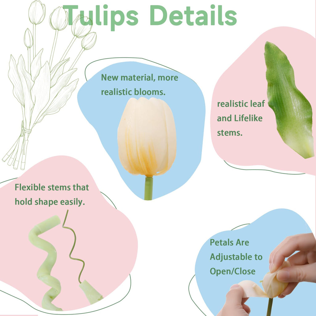 15 Pcs Off White Artificial Tulips Fake Flowers, Premium Latex Lifelike Texture, UV Resistant Waterproof Faux Tulip