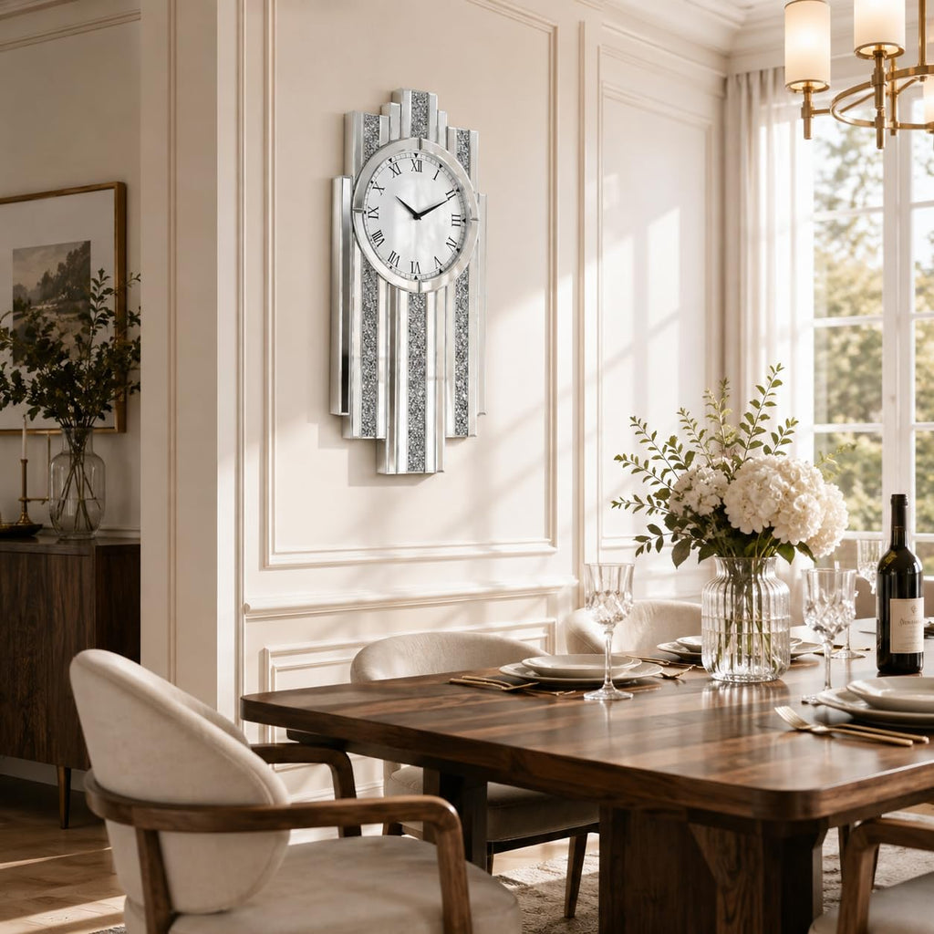 Silver Mirror Clock, 26"x14" Crystal Sparkle Wall Clock
