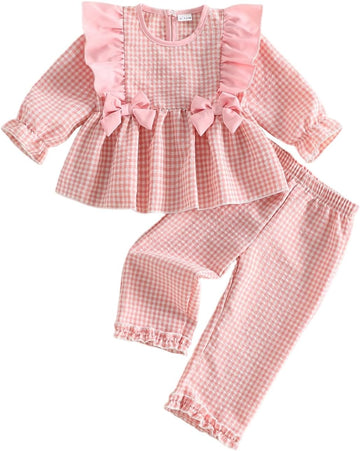 Toddler Baby Girl Fall Clothes Plaid Long Sleeve Ruffle Shirt Top Pants Set