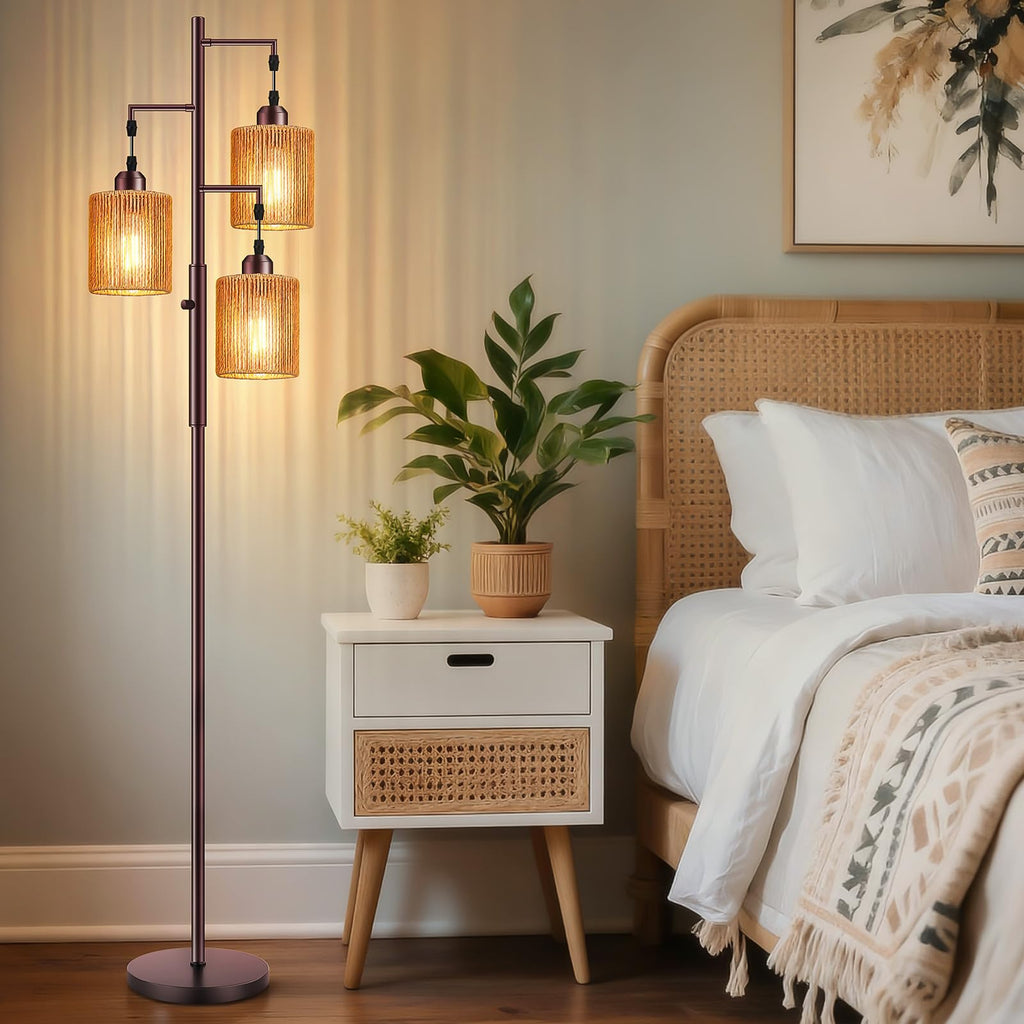72" Boho Rattan Tree Floor Lamp, Tall Dimmable Industrial Standing Lamp, Corner Decor Accent Lighting, Cafe (3 x