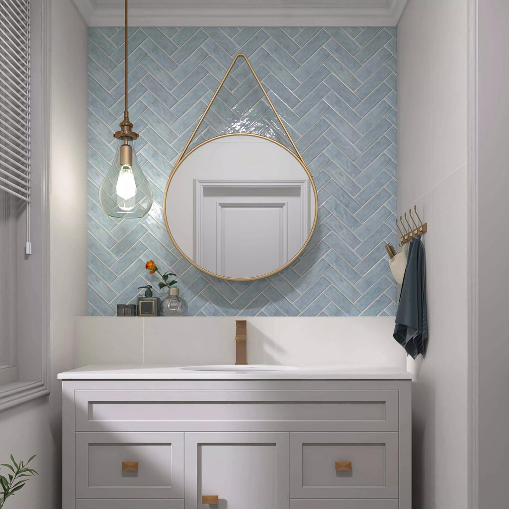 Handmade Zellige Look 2.5" x 8" Blue Porcelain Tile - High Gloss Pressed Edge Subway Tile for Wall & Floor, Bathroom