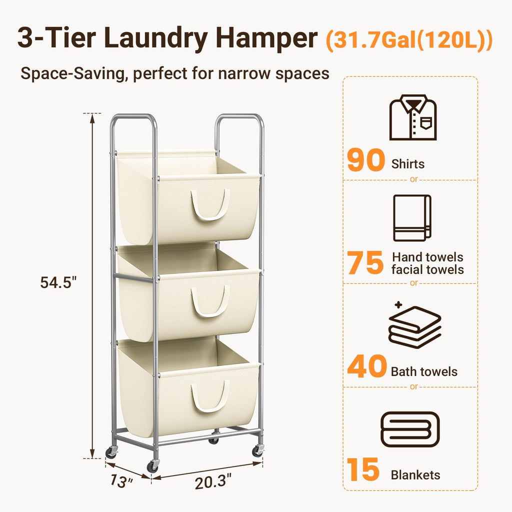 3-Tier Vertical Rolling Laundry Hamper with Wheels & Removable Bags