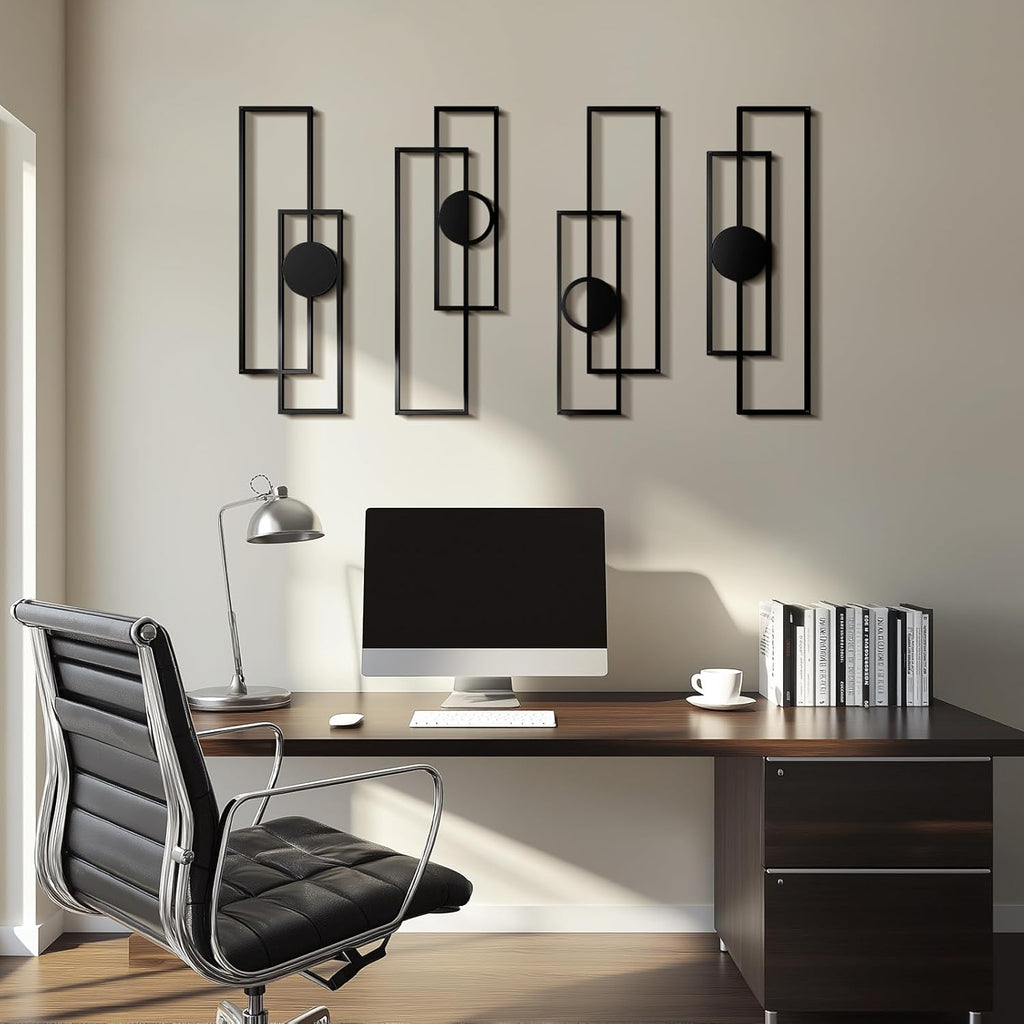 Abstract Metal Wall Art Large Modern Black Geometric Decor - Set of 4