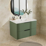30-Inch Floating Bathroom Vanity with Ceramic Sink – Wall-Mounted Fluted Cabinet with Drawers, Modern Green Finish