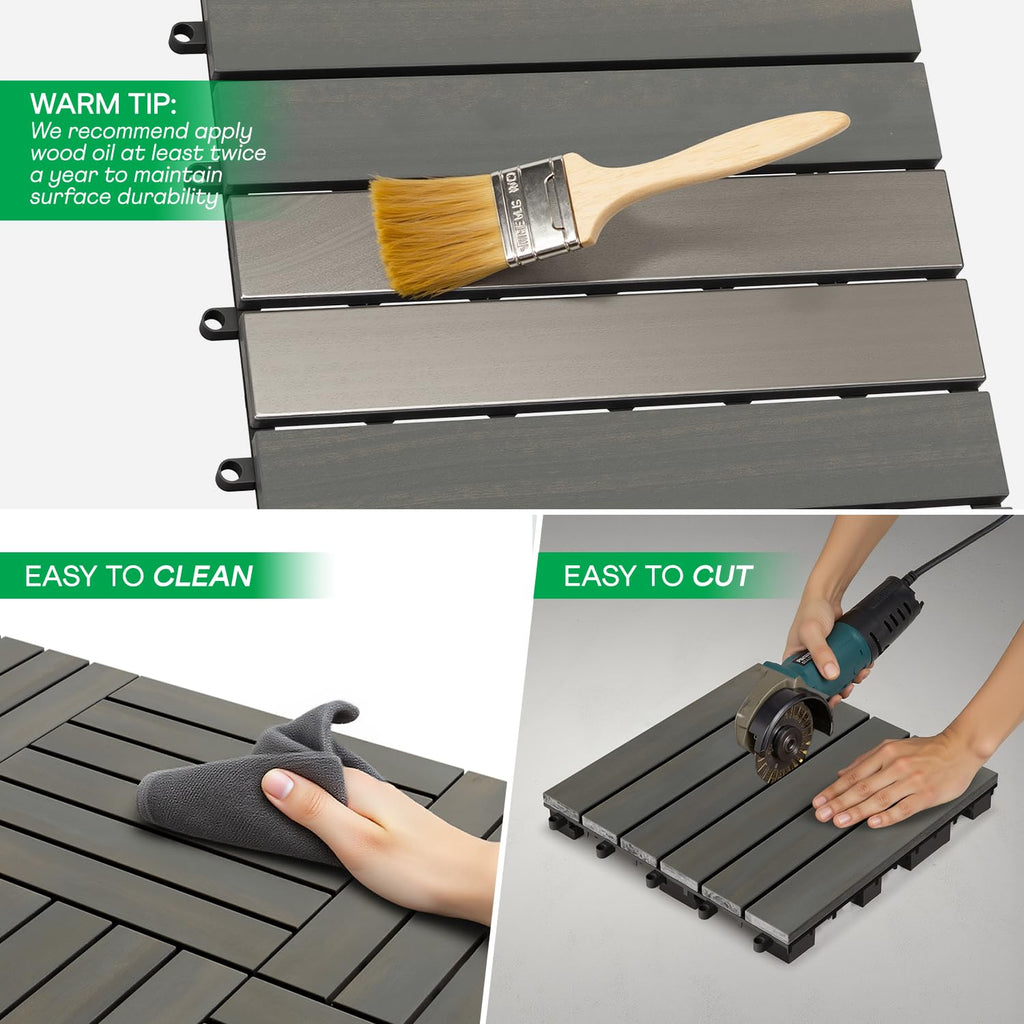 Interlocking Deck Tiles 9.6 SQFT - 10PCS Waterproof Acacia Wood Patio Tiles, Flooring Tiles for Indoor and Outdoor - 6