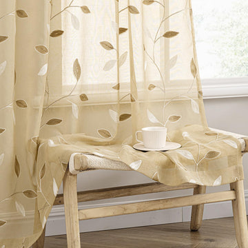 Beige Sheer Curtains 2 Panels Embroidered Leaf Patterned, W52 x L84