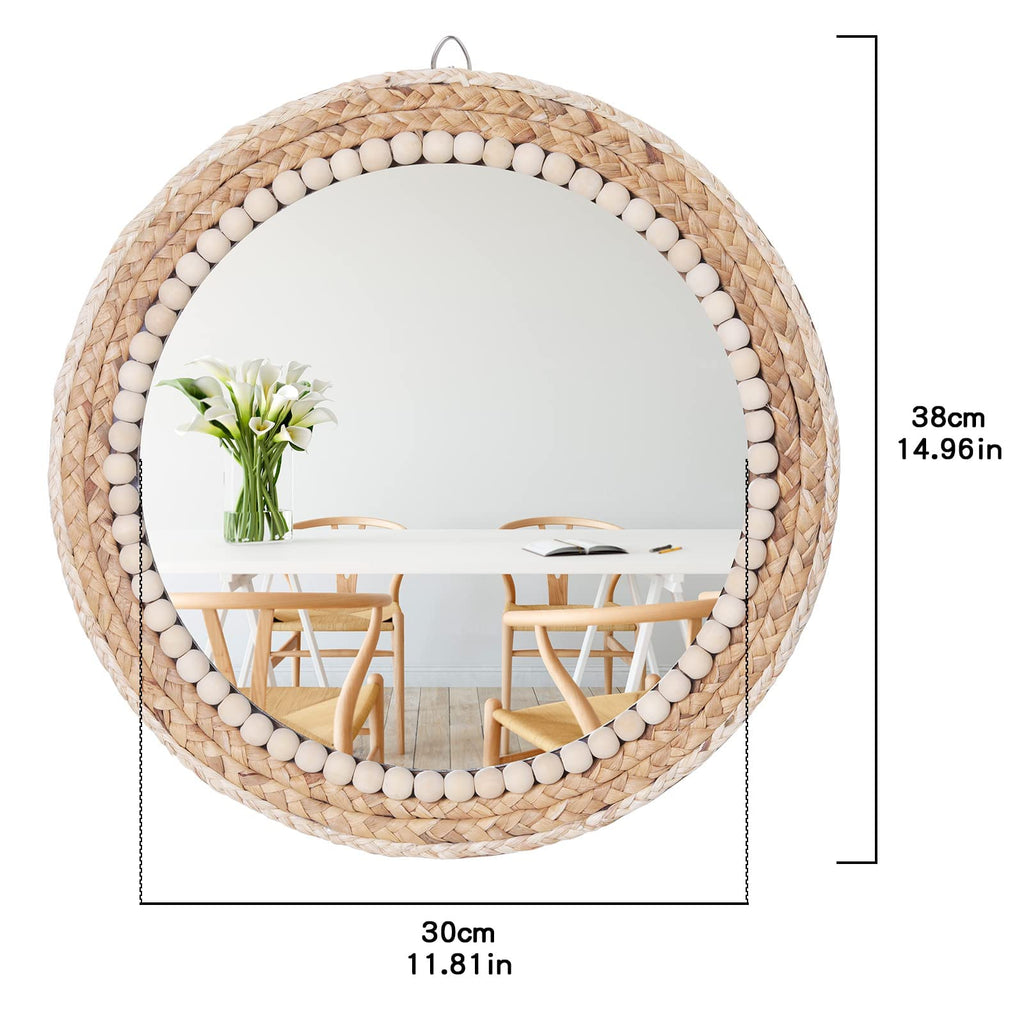 15 Inch Boho Round Hanging Wall Mirror Decorative Rattan Circle Mirrors for Farmhouse, Living Room, Bedroom