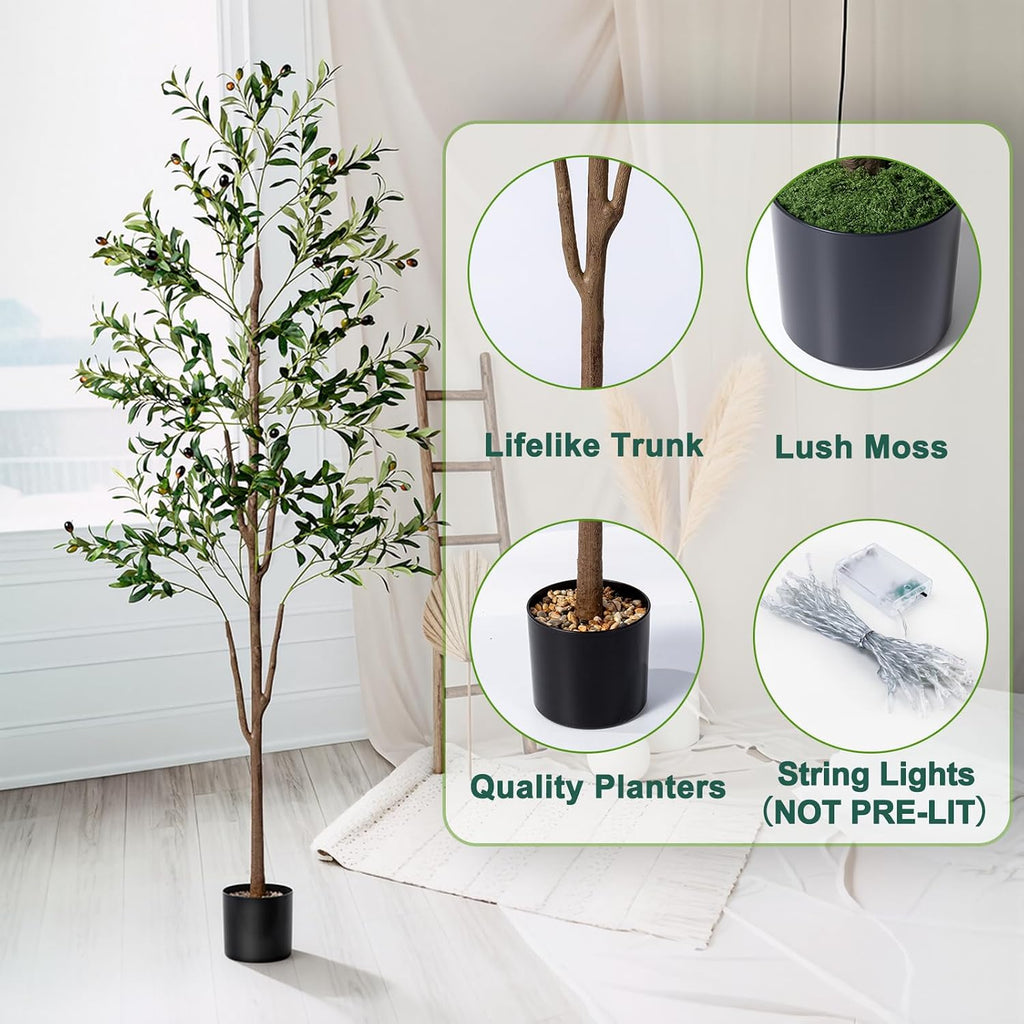 Olive Tree, 6FT Tall Faux Olive Tree with Lights Moss and Planter, Olive Trees Artificial Indoor with Realistic Wood