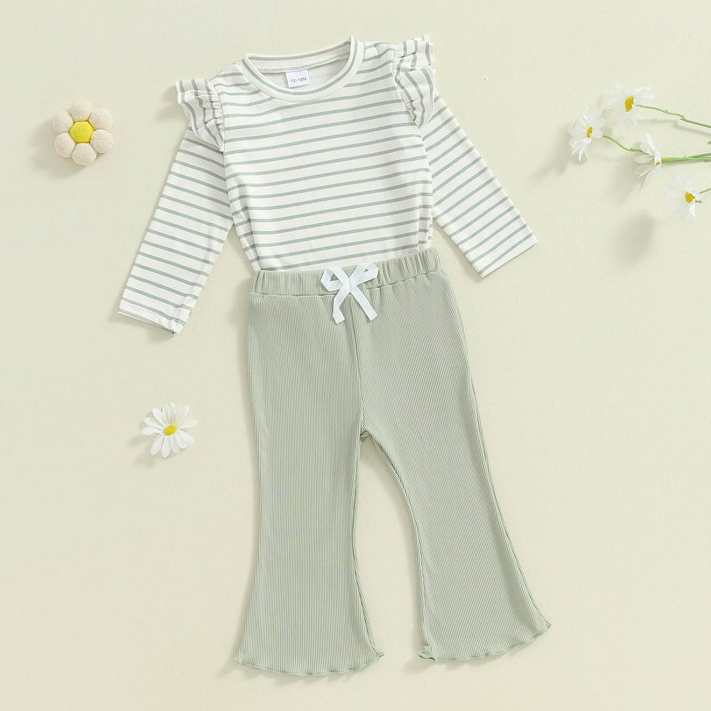 Toddler Baby Girl Outfits Ruffle Long Sleeve Striped Trim Tops + Flare Pants Set Toddler 2Pcs Fall Winter Clothes