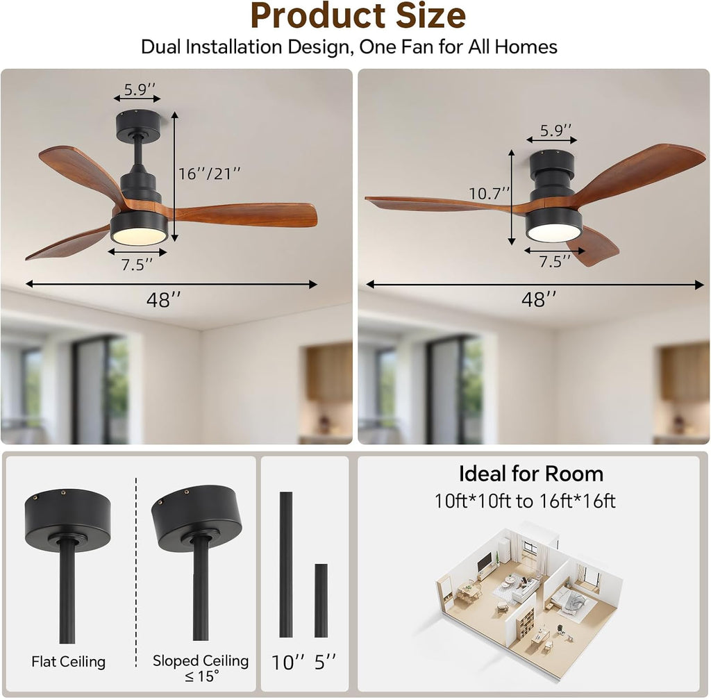 48 Inch Smart Ceiling Fan with Light and Remote - 3 Solid Wood Blades, Dimmable LED, Reversible DC Motor, Works with Alexa & Google