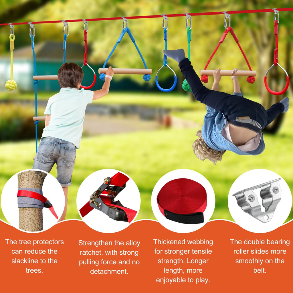 Warrior Obstacle Course for Kids - 60ft Slackline with 8 Pcs Accessories, Tree Protector & Carry Bag