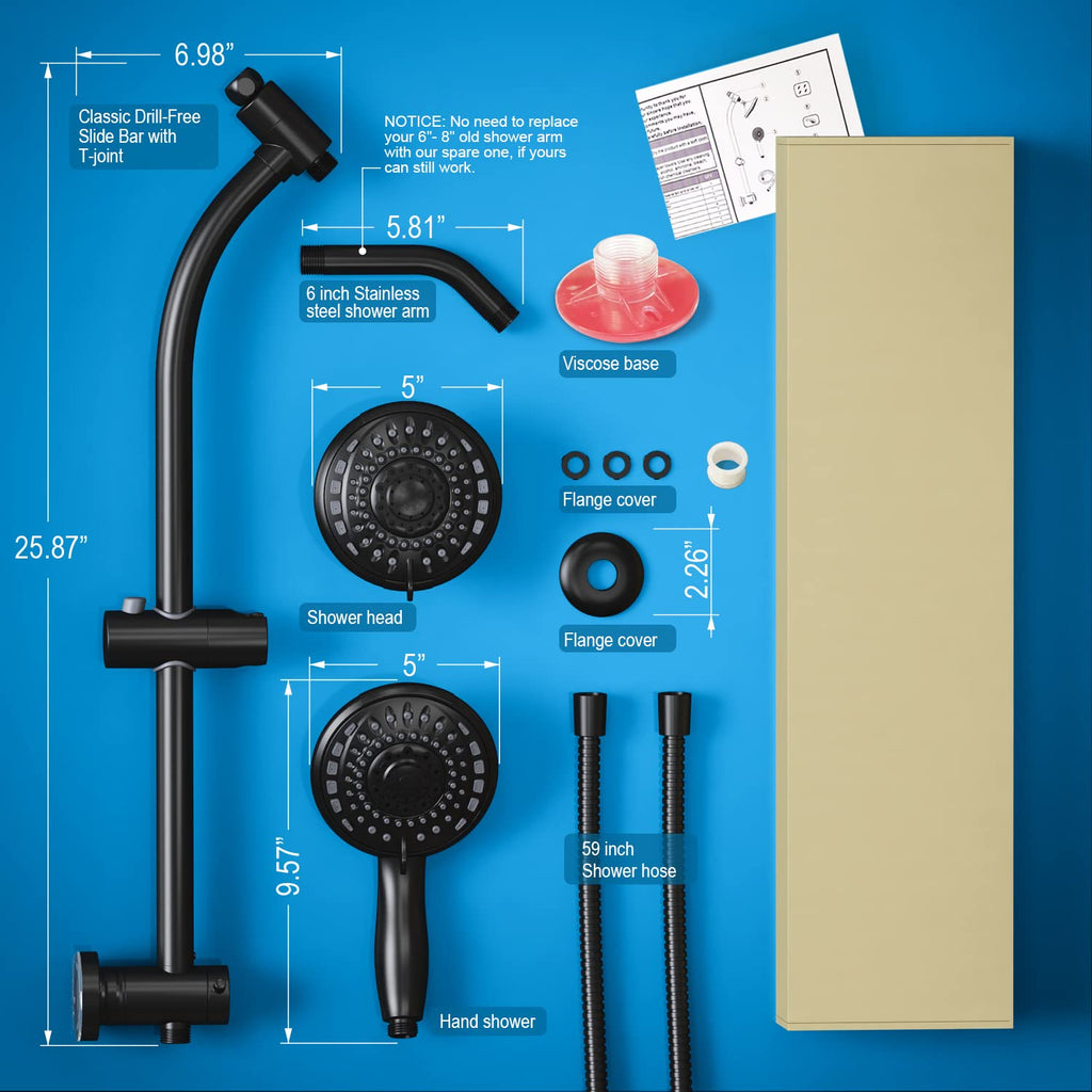 Handheld Showerhead & Rain Shower Combo for Easy Reach, 27.5" Drill-free Stainless Steel Slide Bar, 5"of 5-setting