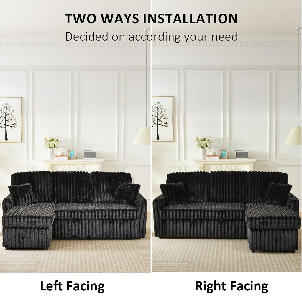 81" Sectional Sleeper Sofa Bed with Storage Chaise & USB Charging, Plush Corduroy L-Shaped Pull Out Couch Bed