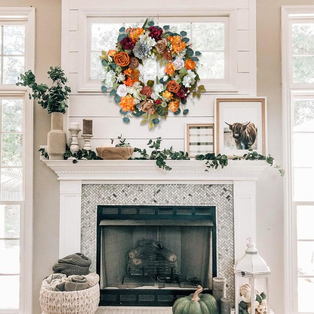 24 Inch Fall Wreath for Front Door with Orange Peony and Dahlia Flowers