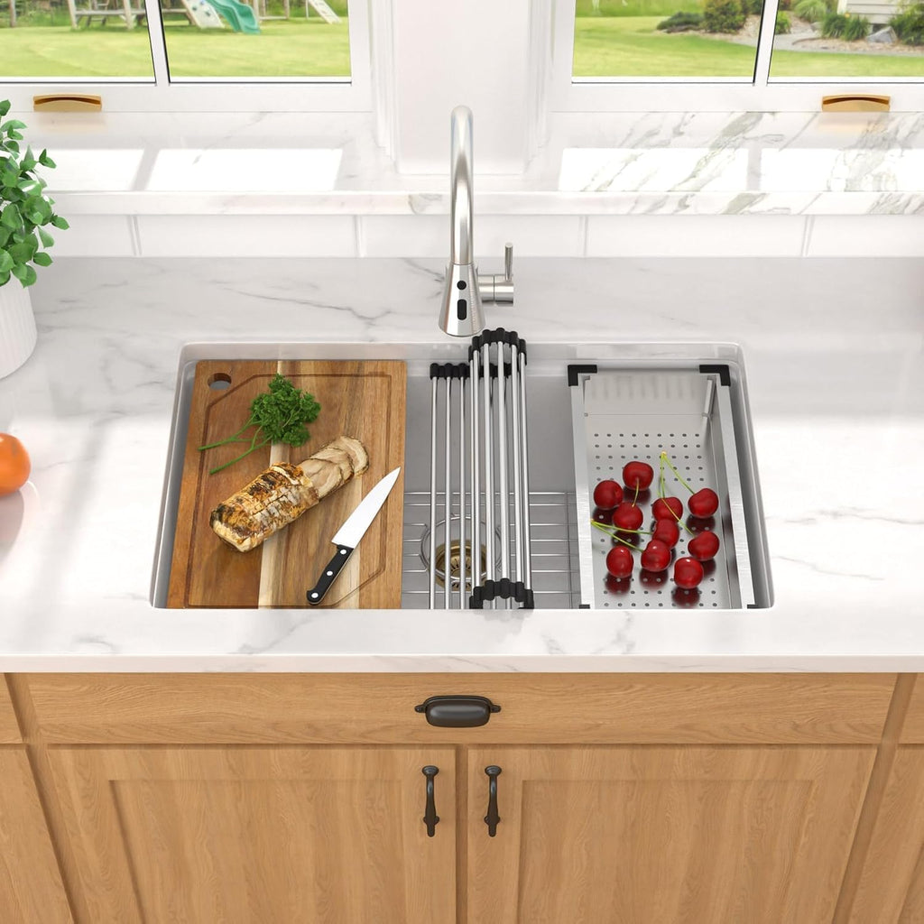 28 Inch Granite Composite Kitchen Sink - White Undermount Workstation All-In One Quartz Classic Single Bowl Sink