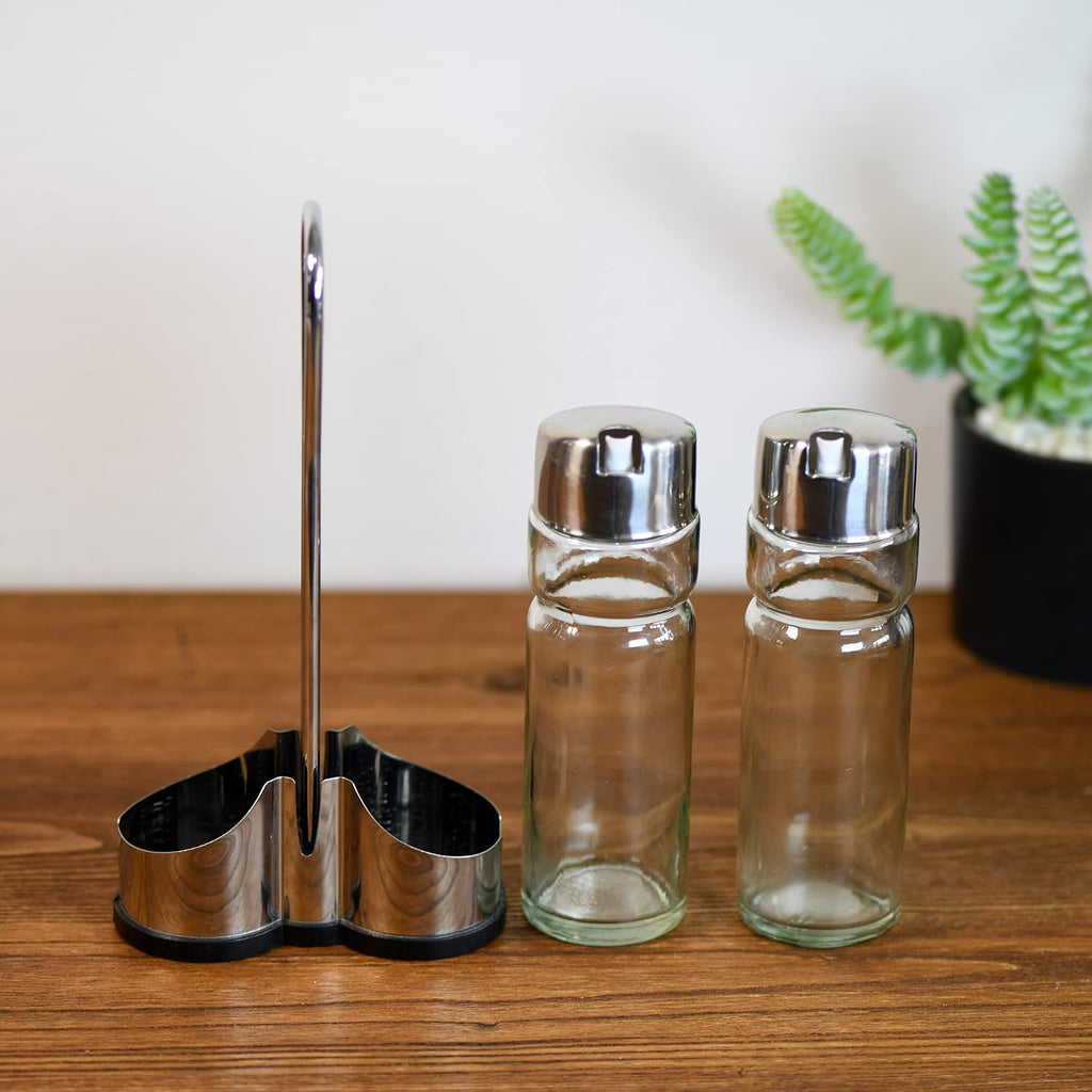 Oil and Vinegar Dispenser Set with Stainless Steel Holder,Clear Glass Olive Oil Dispenser Bottle - Set of 3