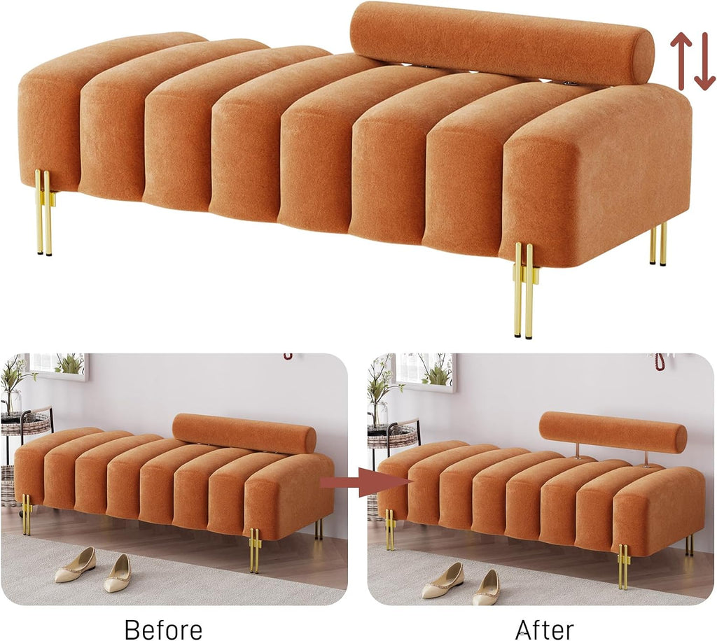 52" Velvet Bench Bedroom Ottoman Bench with Adjustable Back, Orange