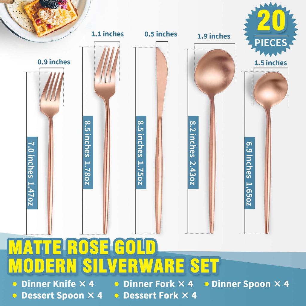 Matte Rose Gold Silverware Set for 4,Modern Stainless Steel Brushed Cutlery Set,20-Pieces Heavy Duty Flatware