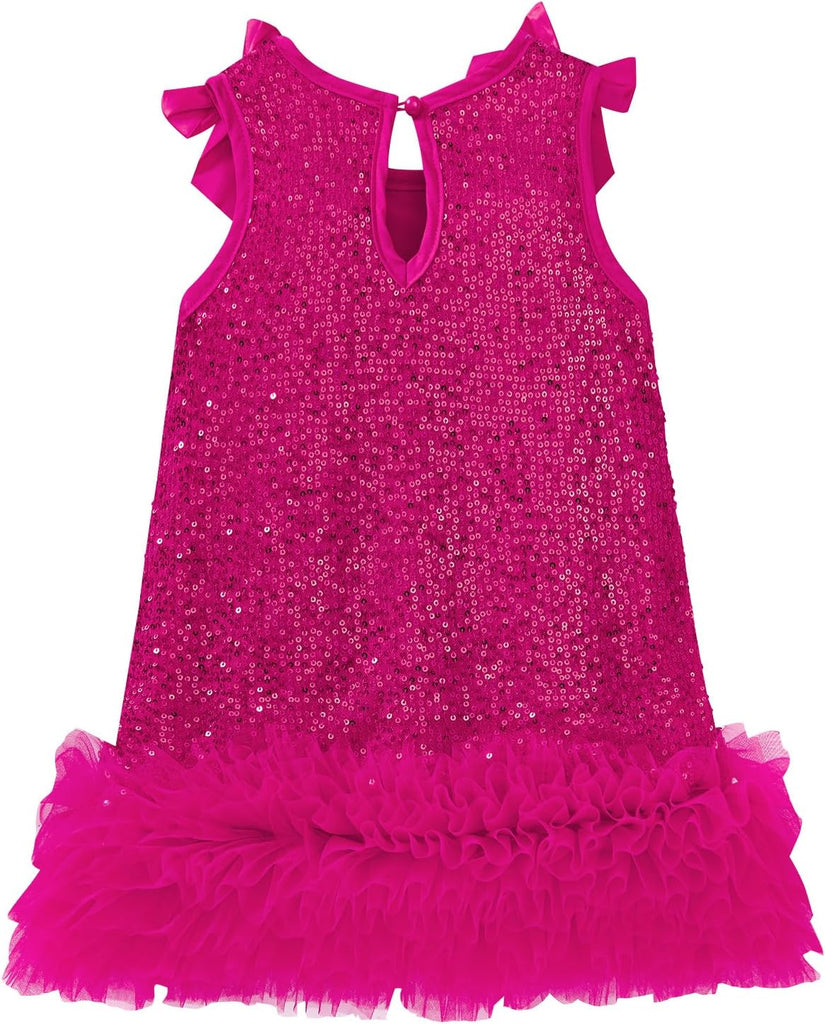 Dresses Summer Kids Ribbon Bow Sleeveless Birthday Party Tulle Ruffle Hem A-Line Sequin Dress