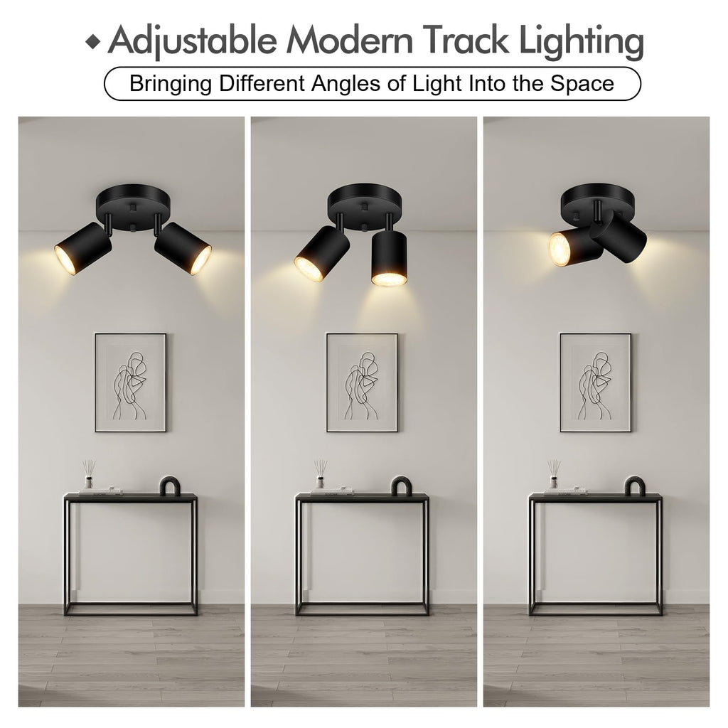 2 Light Track Lighting Fixtures Ceiling, Matte Black Round Directional Ceiling Spotlight, GU10 Flush Mount Track