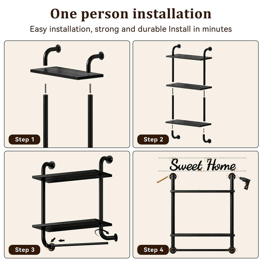 Bathroom Shelves Wall Mounted, Rustic Farmhouse Pipe Shelves, Walls Shelf 3-Tier, Industrial Pipe Shelving, Floating