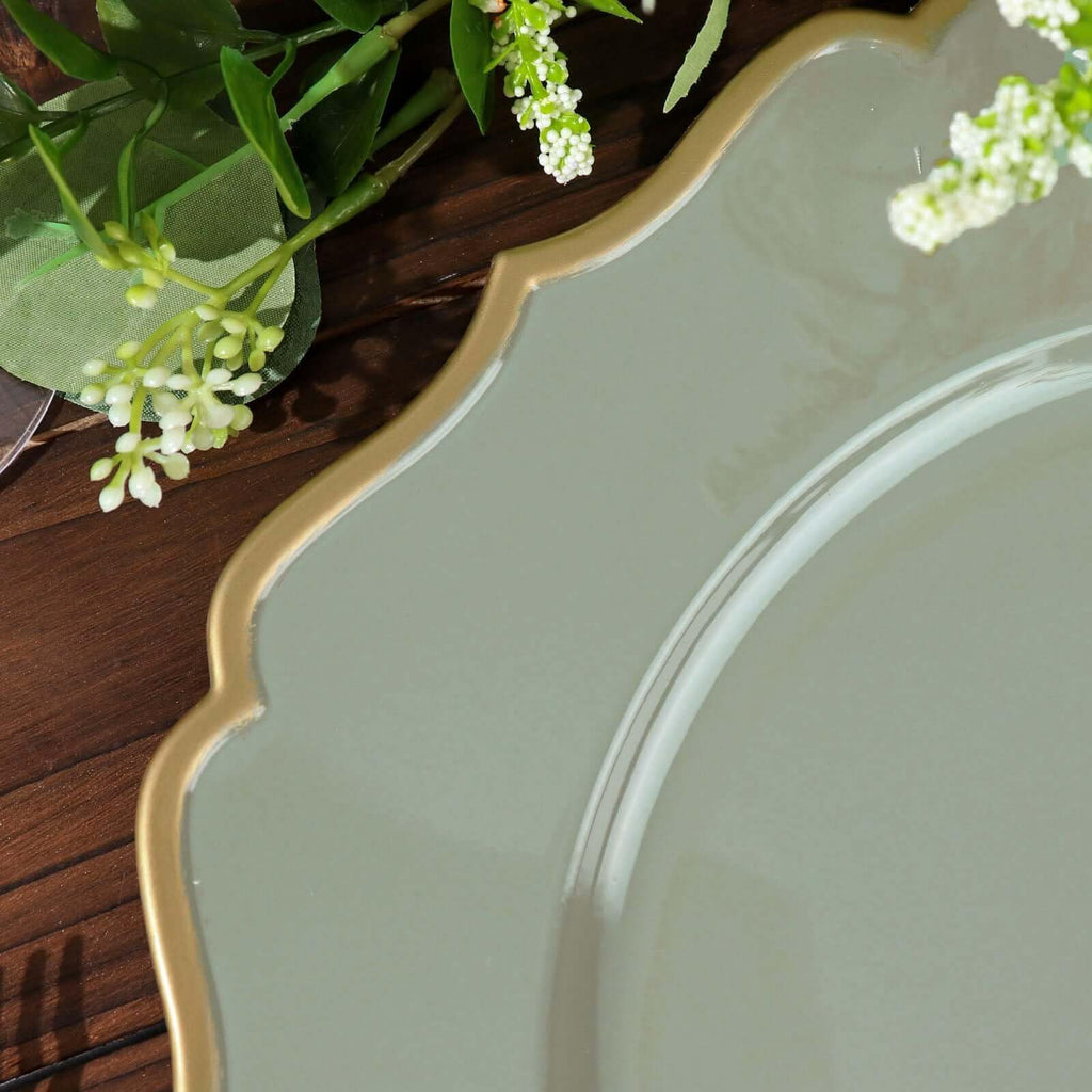 13" Charger Plates - Set of 12 - Dusty Sage Green Round Acrylic Chargers with Scalloped Rim, Ideal for Dinner Party