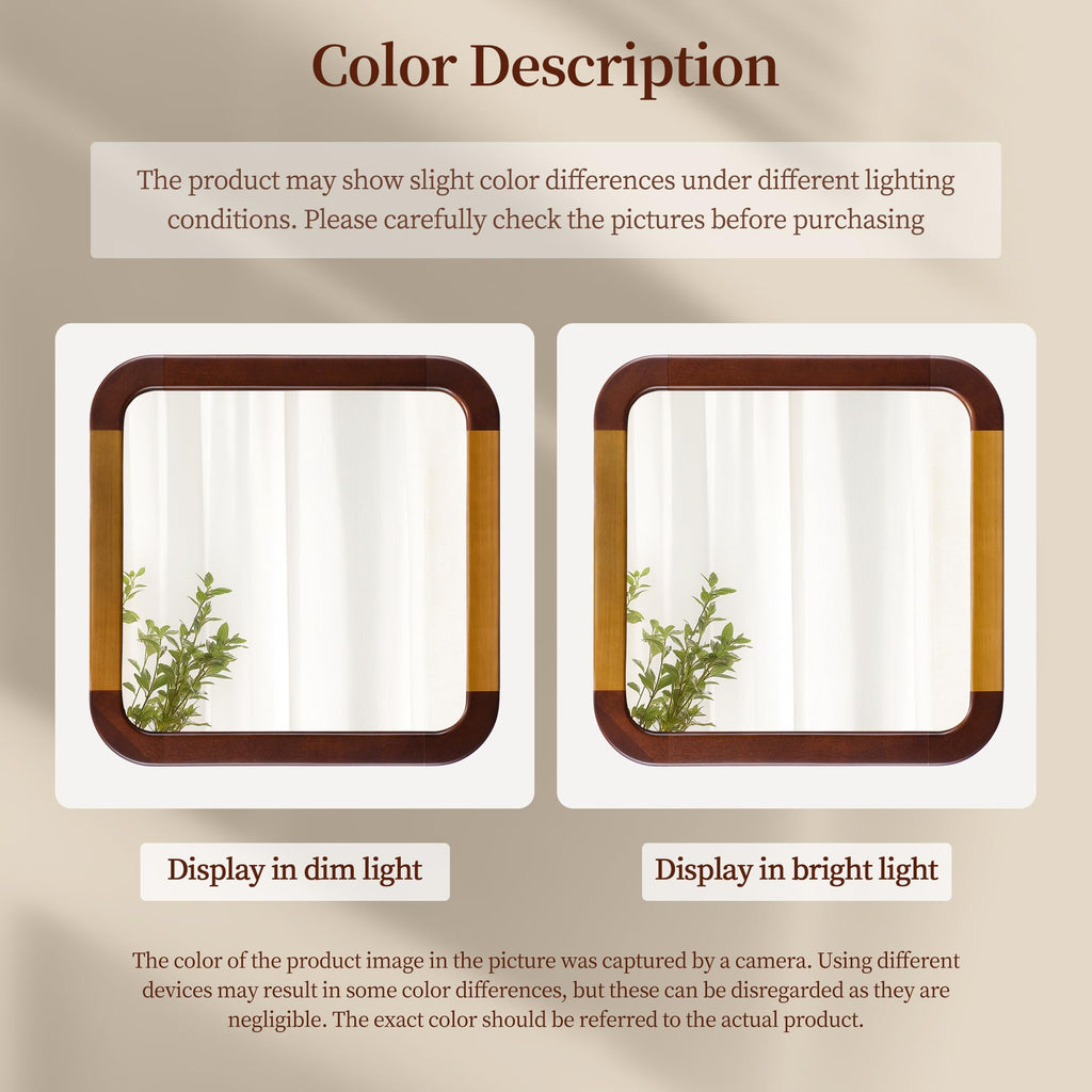 Bathroom Mirror 24 x 24 Inch, Brown Wood Walnut Square Tempered Wall Mirror