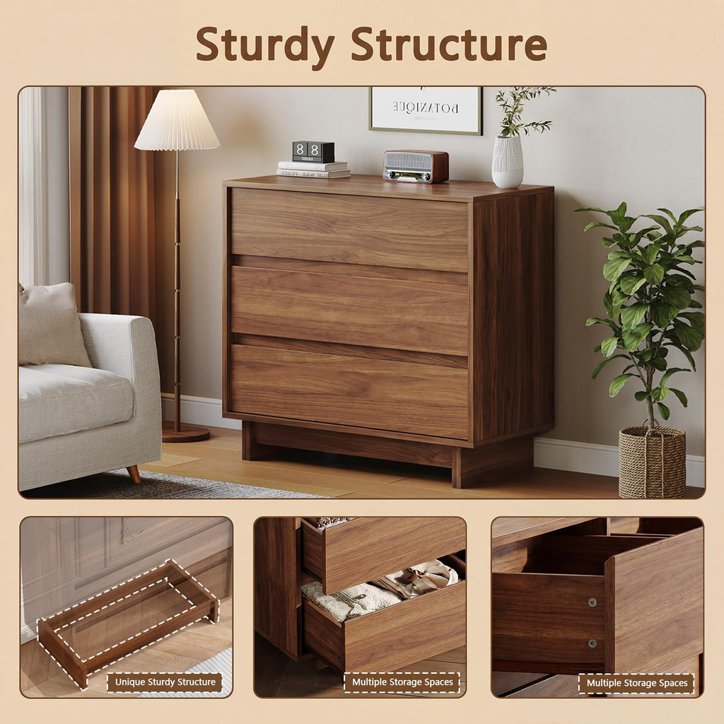 Walnut Dresser, 31in Modern 3 Drawer Chest of Drawers