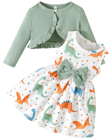 Toddler Baby Girls Dress and Cotton Cardigan Set for Green