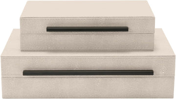 Sagala Ivory Shagreen Decorative Boxes With Black Metal Handles, Faux Leather Jewelry Boxes Modern Storage - Set of 2