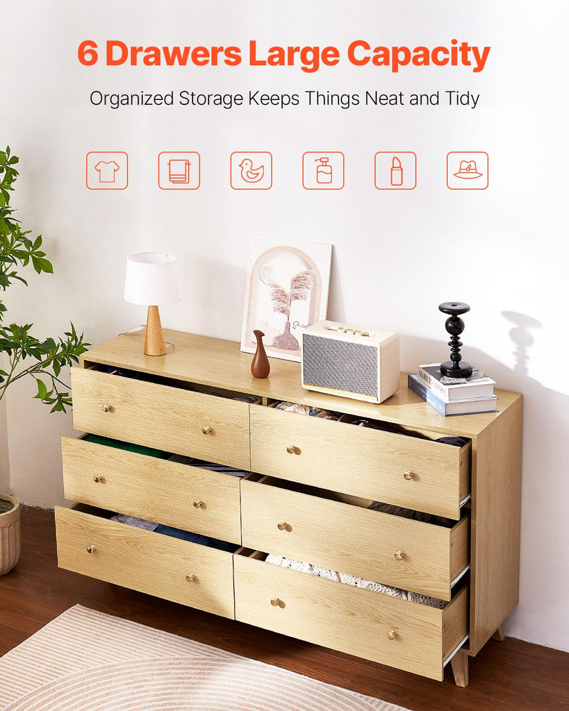 6 Drawer Dresser, Wooden Chest of Drawers with Sliding with Anti-tip Device, Modern Minimalist Dresser Chest, Closet