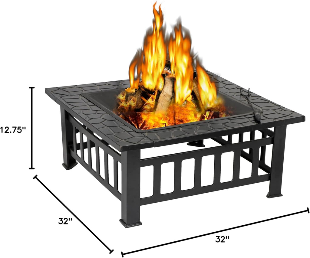 32 inch Outdoor Fire Pit with Grill for Outside Wood Burning, Square Metal Outside Fireplaces