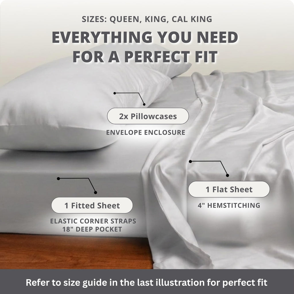 100% Tencel Sheets, 18" Deep Pocket, Cool Grey, 4PC King